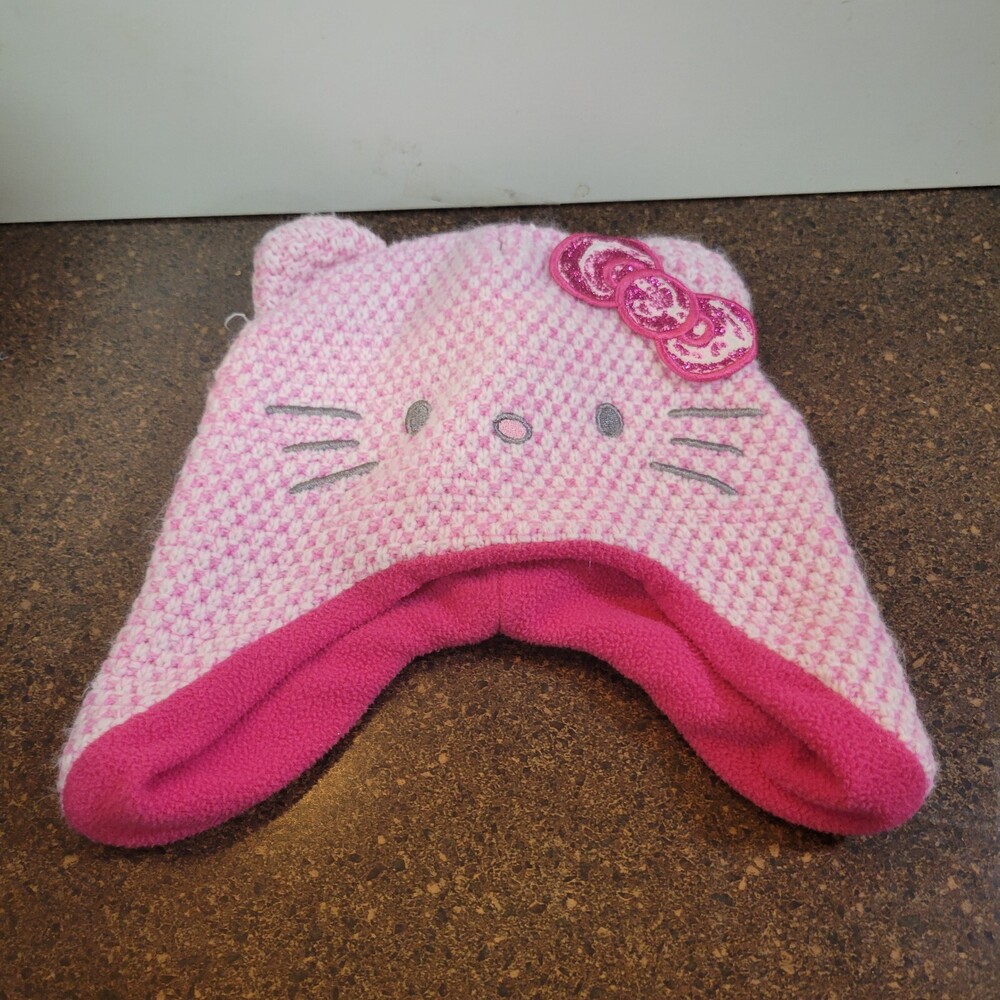 Hello Kitty Beanie Hat Thrifted Womens One Size Pink White Knit Winter Warm Cap